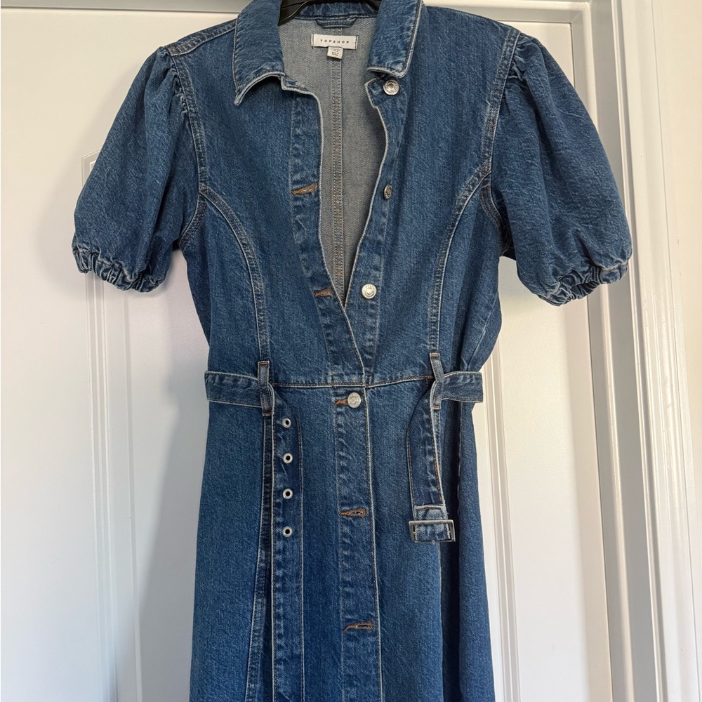 Topshop Denim Mini Dress | Puff Sleeve | Belted Waist | Size S